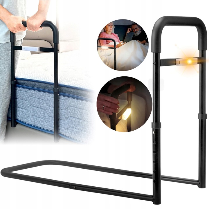 Maner de sprijin pentru pat, ajutor pentru ridicare si culcare,, Balustrade de pat, special concepute pentru seniori, facilitand urcarea si coborarea din pat. Reglabile pe inaltime, cu senzori de lumina LED pentru a preveni caderile noaptea