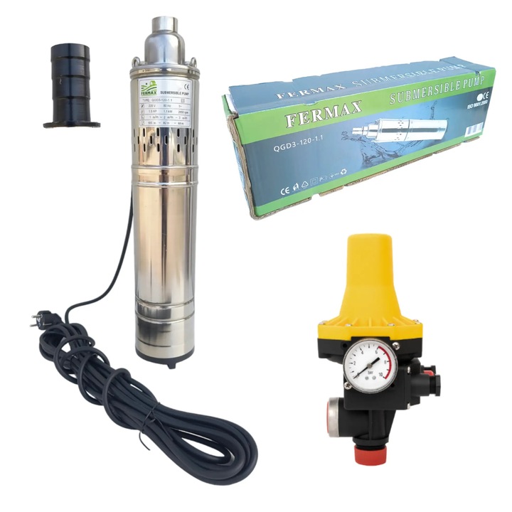 Set pompa de apa submersibila QGD, 1.1 kW, 3.6 mc/h, fara plutitor, include prescontrol automat cu manometru 10 bar racord 1" - COBI SMART®