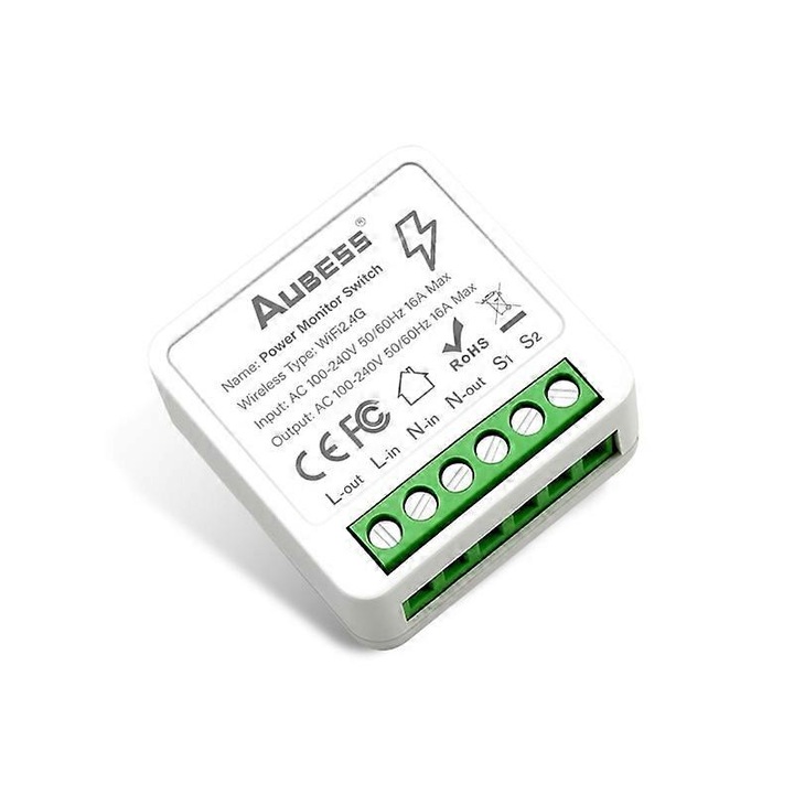 Comutator inteligent AUBESS WiFi Mini cu monitorizare energie 16A, control prin aplicatie, alb