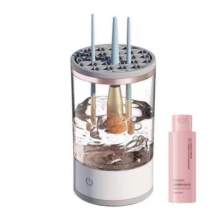 Curatator electric pentru pensule de machiaj, gri alb, set cu solutie de curatare 80ml
