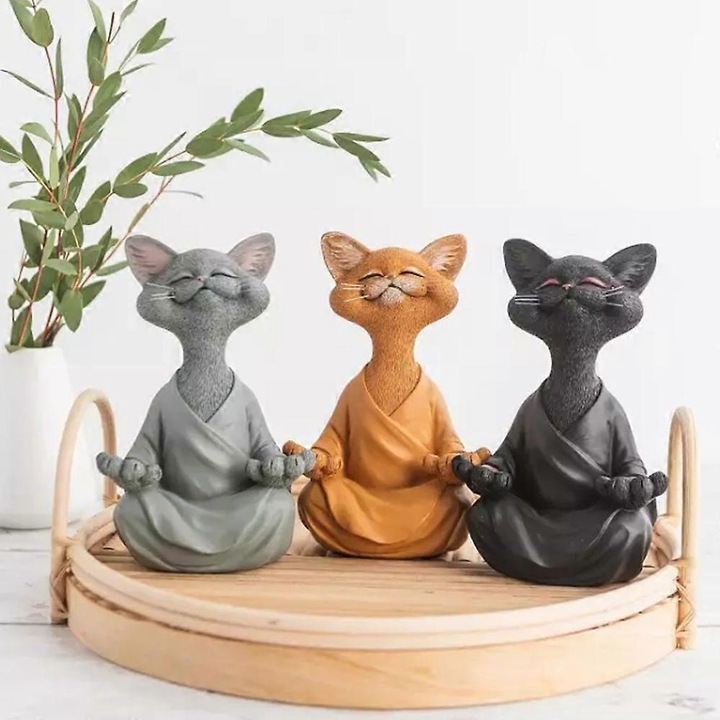 Set figurine Happy Buddha Cat, rasina, multicolor, mic 2.17x3.15x4.92in, mare 4.72x3.15x7.09in