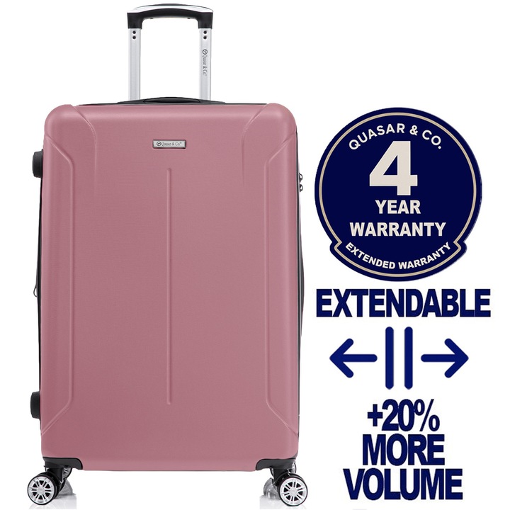 Nagy méretű bővíthető bőrönd 76,5x51x32-37cm Quasar & Co.®, SMART modell, ABS, feladott poggyászhoz, cipzár, számzár, teleszkópos fogantyú, 4 dupla csendes kerék 360°-os forgással, 2 rekesz belső zsebbel, Púderrózsaszín