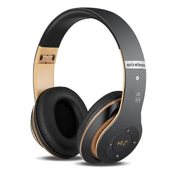 Vezeték nélküli fejhallgató, fekete és arany, Bluetooth 4.2, mikrofon támogatás, 5 óra üzemidő, szett