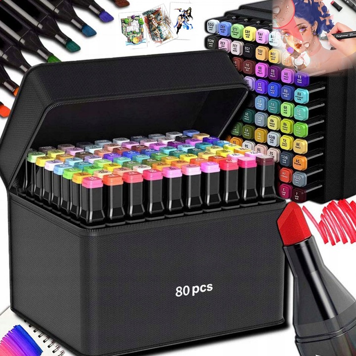 Set 80 markere duble, Carioci profesionale, Cu cerneala pe baza de alcool, Multicolore profesionale Geanta de depozitare portabila, colorata, rezistenta la pete de alcool, Multicolore Forma varfului: rotunda/inclinata