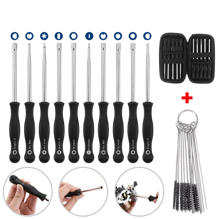 15 darabos karburátor-beállító csavarhúzó készlet, tokkal és tisztítókefékkel, karburátor javító eszközök