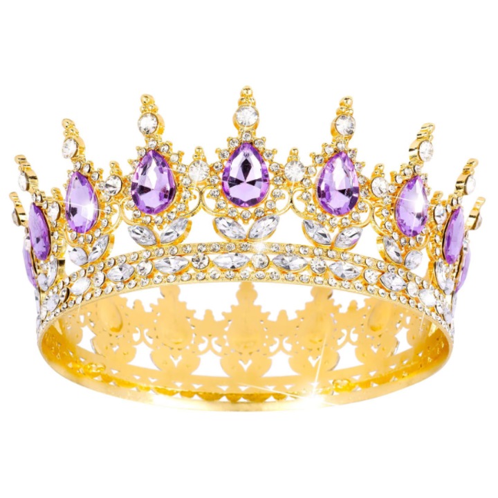 Topper tort coroana ADAIVIUME, cu cristale, auriu/violet, 5.5cm înălțime x 12.5cm diametru