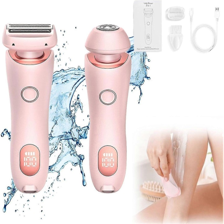 Epilator electric pentru femei, waterproof IPX7, 2 in 1, roz, set de epilare