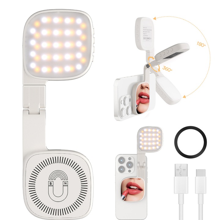 Lumină LED pentru selfie FooFoony, 48 LED-uri, 5 niveluri luminozitate, alb, 9, 7x6, 3x2cm