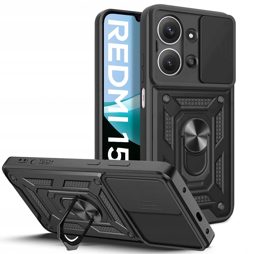 Husă de telefon compatibilă cu Xiaomi Poco C85 - Camshield - Husă din silicon negru, cu inel de susținere și protecție glisantă pentru cameră