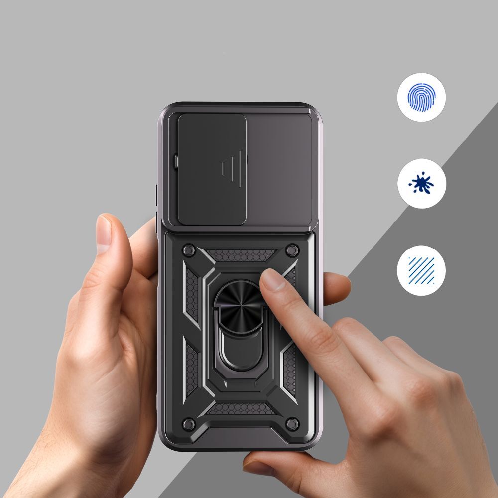 Husă de telefon compatibilă cu Xiaomi Poco C85 - Camshield - Husă din silicon negru, cu inel de susținere și protecție glisantă pentru cameră
