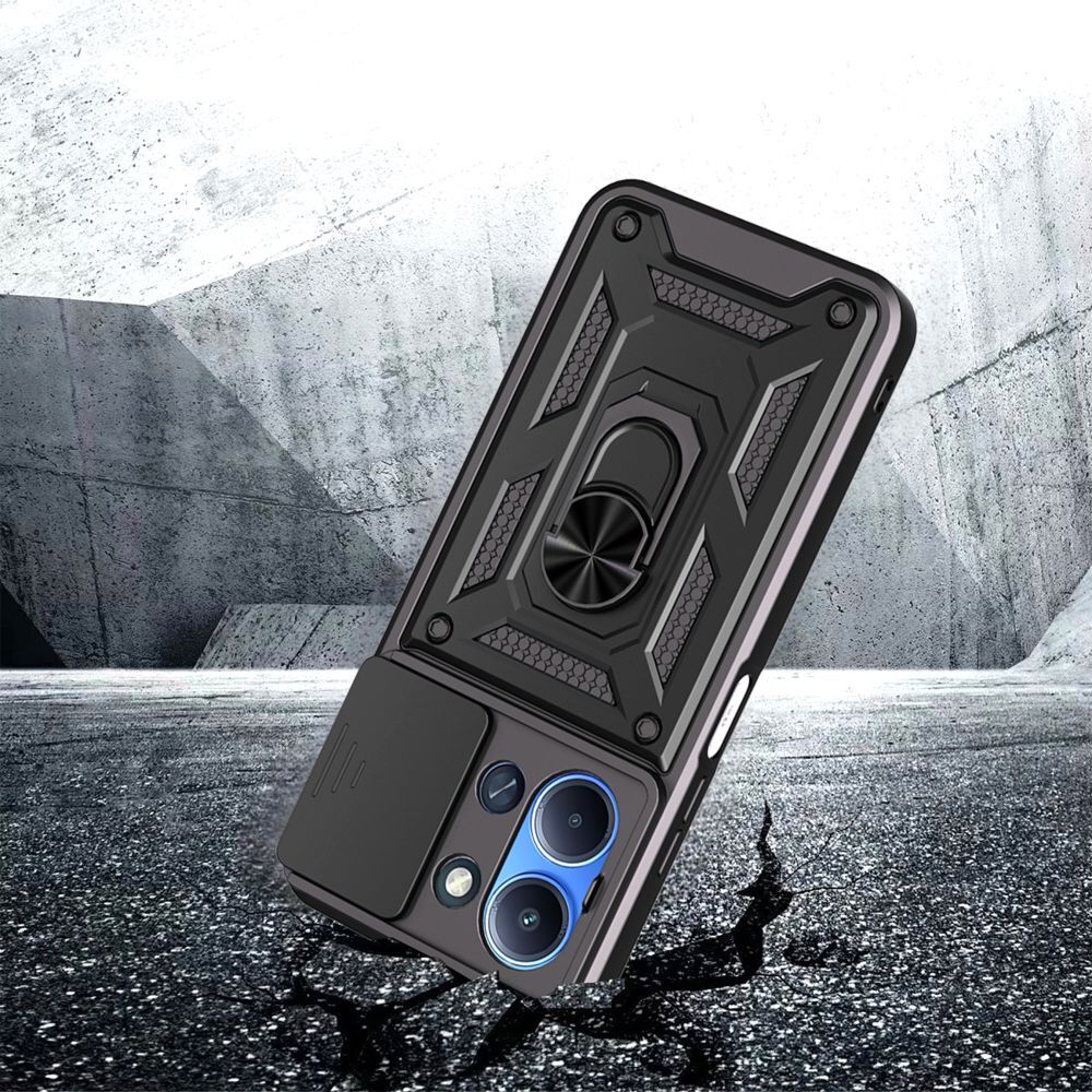 Husă de telefon compatibilă cu Xiaomi Poco C85 - Camshield - Husă din silicon negru, cu inel de susținere și protecție glisantă pentru cameră