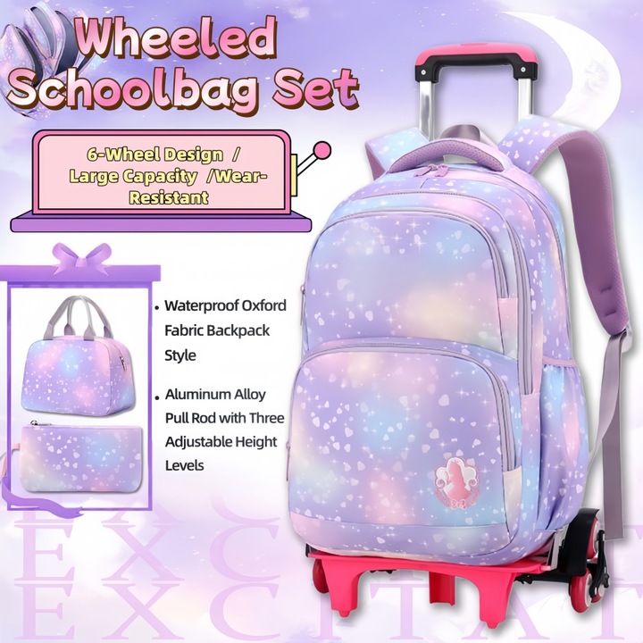 Set Ghiozdan troler Scoala 3 Piese, Excitat®, cu punga de creion, geanta tote, 6 Roti, tip Rucsac Oxford Impermeabil de Capacitate Mare, Rezistent la uzura, Ergonomic, Buzunare Pentru Laptop, Telefon, Apa, Pentru Elevi de Liceu sau Adulti, Violet