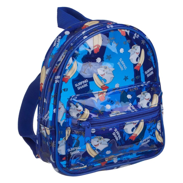 Rucsac Albastru Transparent cu Model Rechini pe Placa de Surf 18x6x21cm