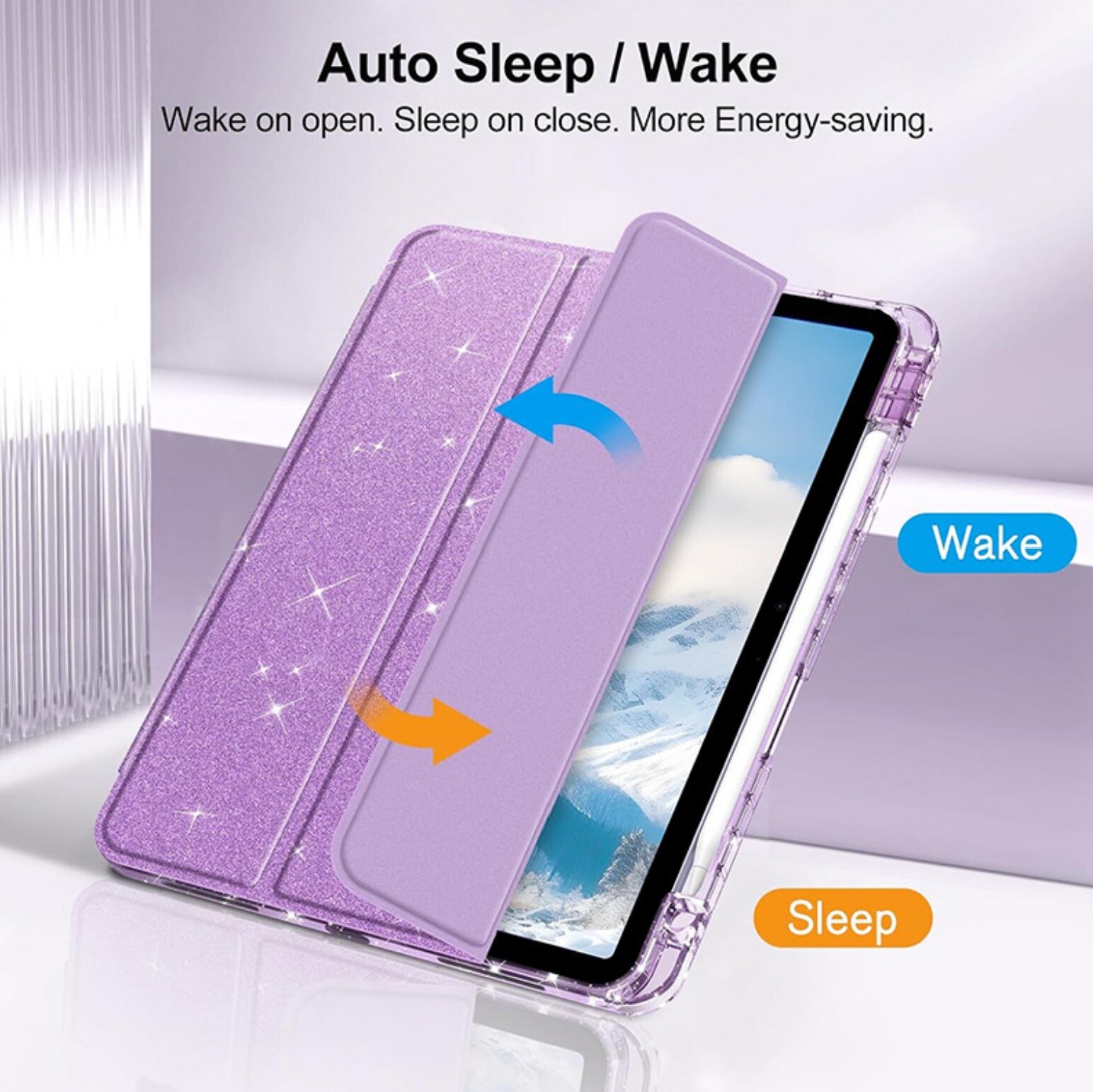 Husa pentru iPad 10/ iPad 11 (A16) (10.9"-11") cu Suport Stylus, Sclipici si Spate Transparent, Mov