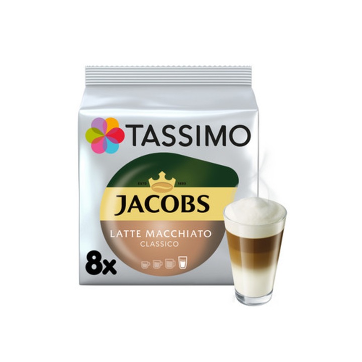 Cafea Latte Macchiato Jacobs, set 8 capsule cafea macinata si 8 capsule lapte, 264 g
