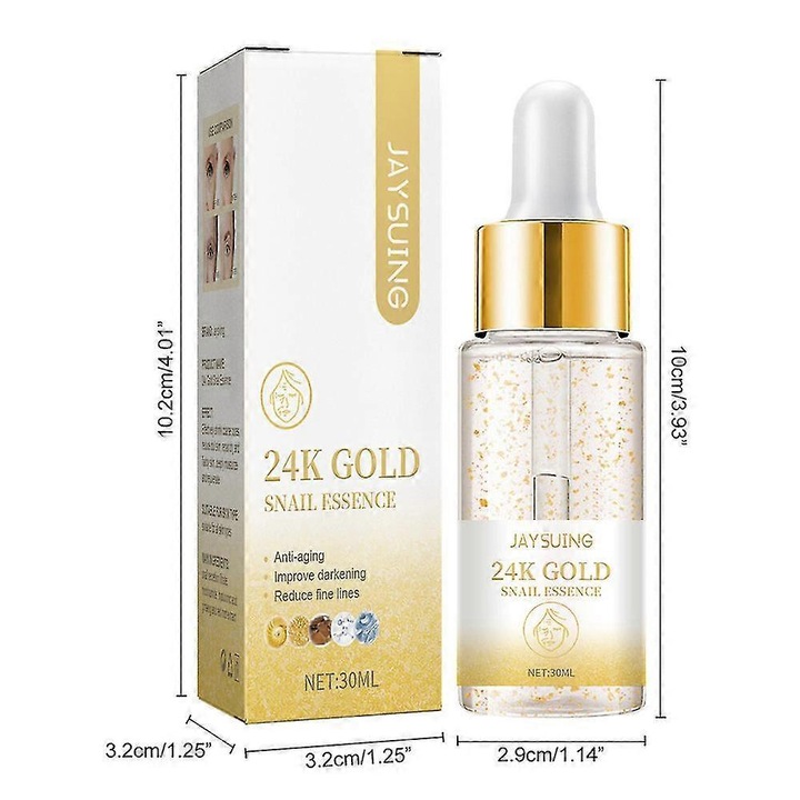 Есенция за лице Jaysuing с 24K злато и екстракт от охлюв, 30 мл, хидратация, против бръчки, намаляване на порите