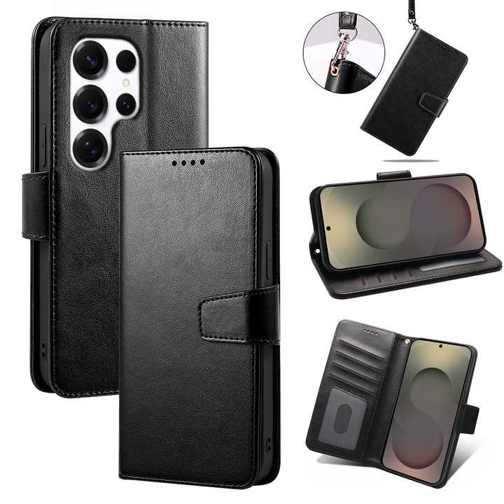 Husa pentru Samsung Galaxy S25 Ultra, Omelivon, piele fina, Diary Book, tip carte, cu Portofel Interior, stand, Inchidere Magnetica, Antisoc, Negru