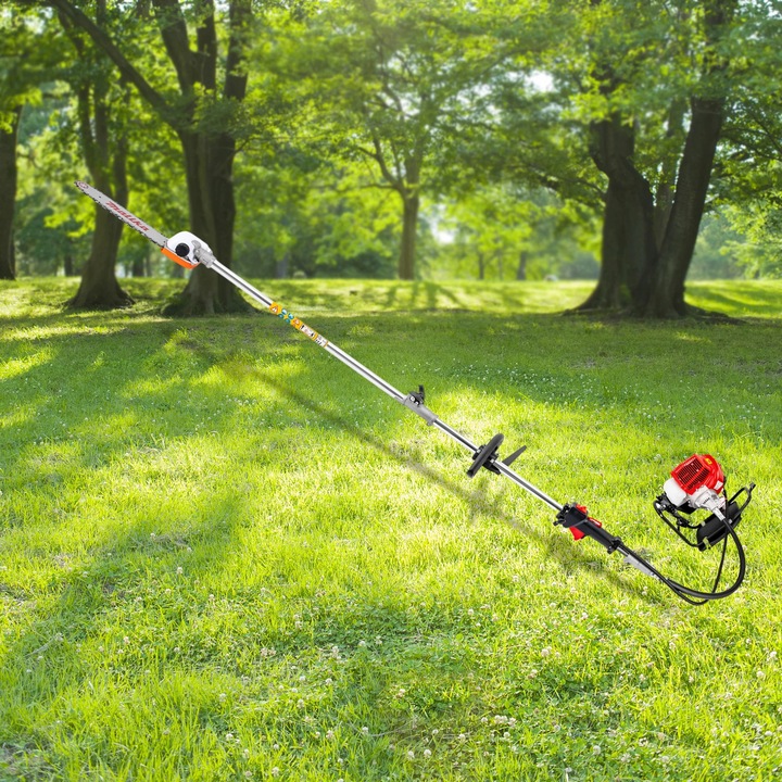 Trimmer electric cu motor pe benzina, 4 in 1, motor puternic 52cc, rosu, lungime lama 1.16m, lungime tija 2.7m