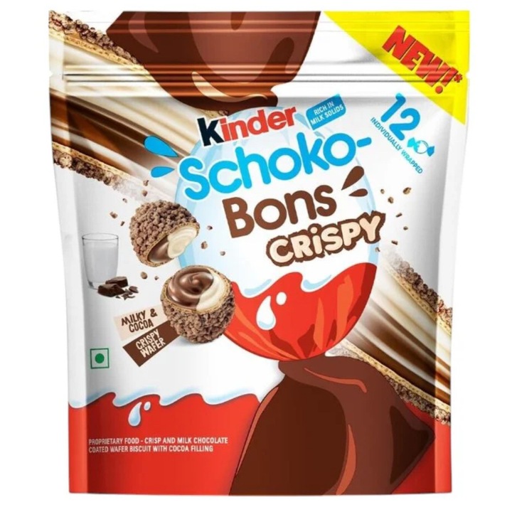 Kinder Schoko-Bons Crispy – Bomboane de ciocolata cu lapte si umplutura crocanta, 12 bucati, 67.2 g