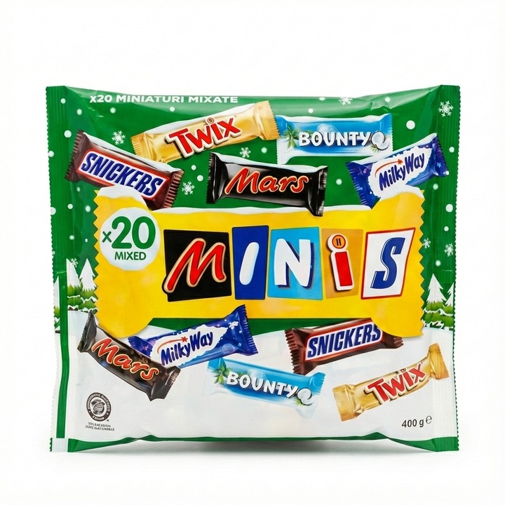 Bomboane de ciocolata mixte Mars Minis, Snickers, Bounty, Twix, Milky Way, 400 g, 20 bucati