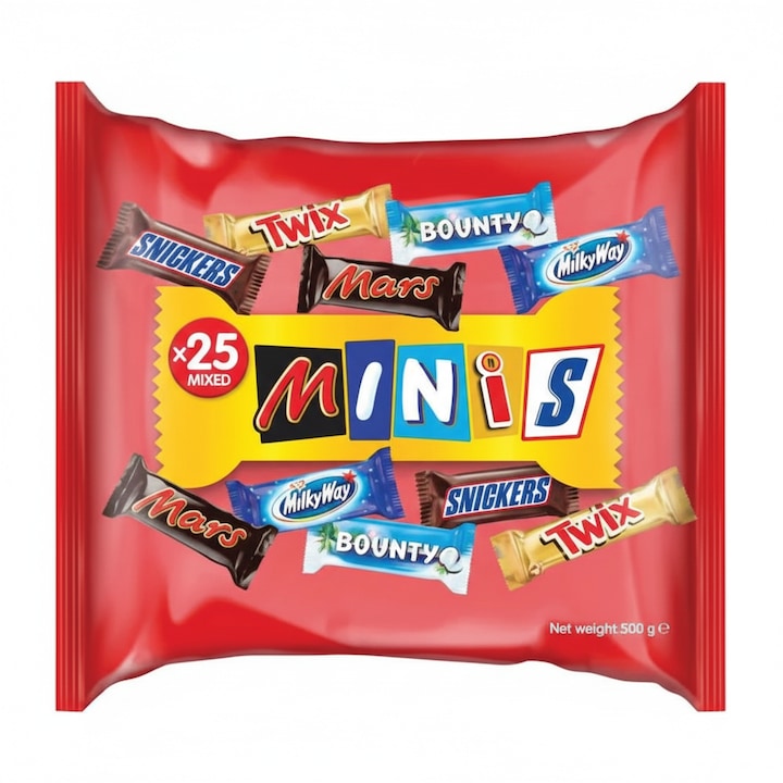Bomboane de ciocolata mixte Mars Minis, Snickers, Bounty, Twix, Milky Way, 500 g, 25 bucati