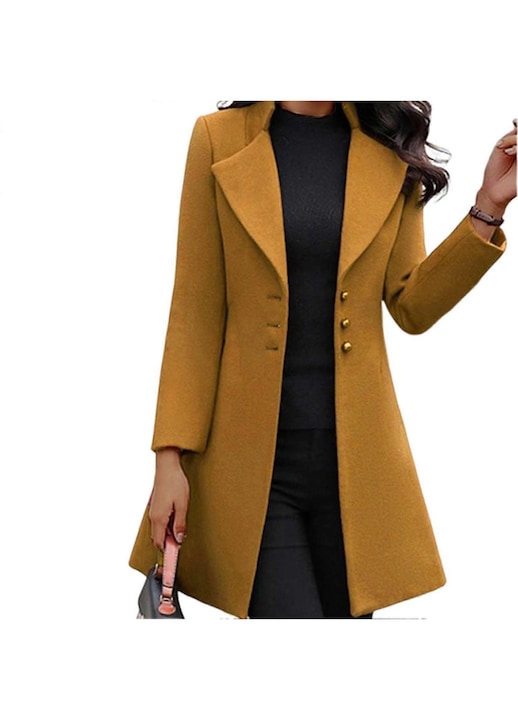 Palton dama, galben, maneci lungi, nasturi, poliester, 2XL INTL