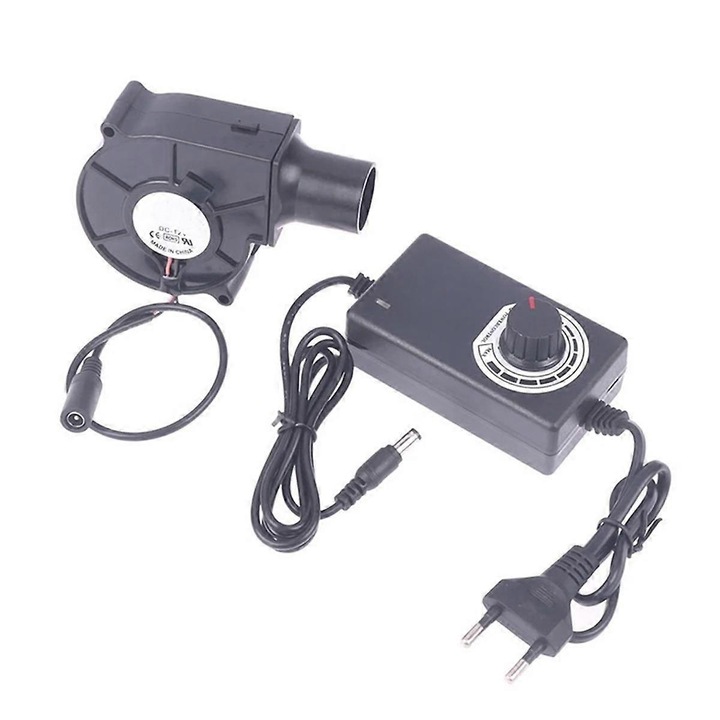 Set ventilator si regulator pentru gratar 7530, 12V, 2500rpm, negru, pentru racire si ventilatie