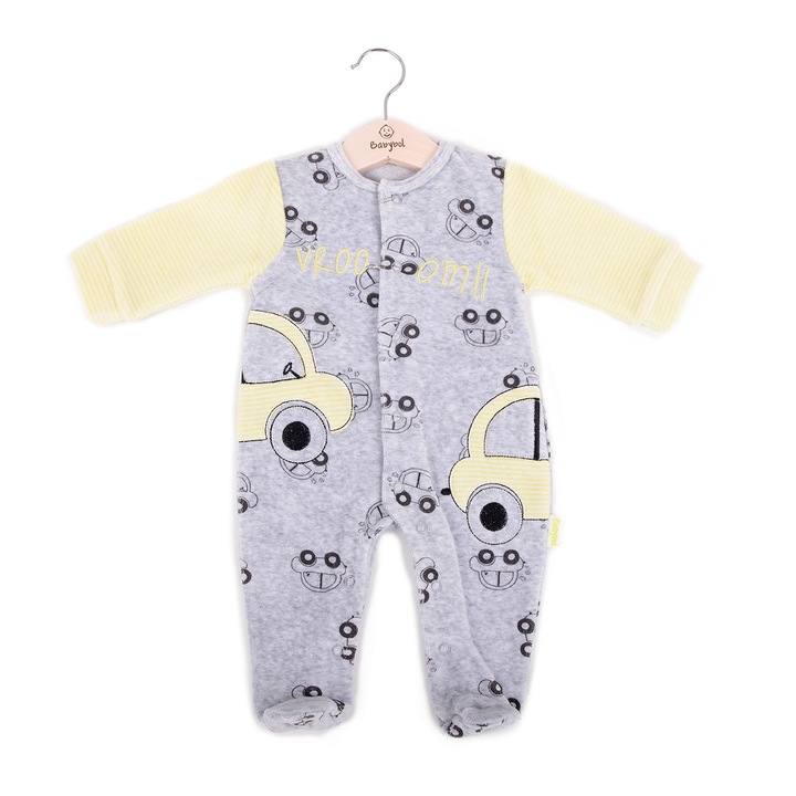 Babybol, Salopeta bebe cu botosei, catifea, imprimeu masinute, gri, 6 luni, 68 cm