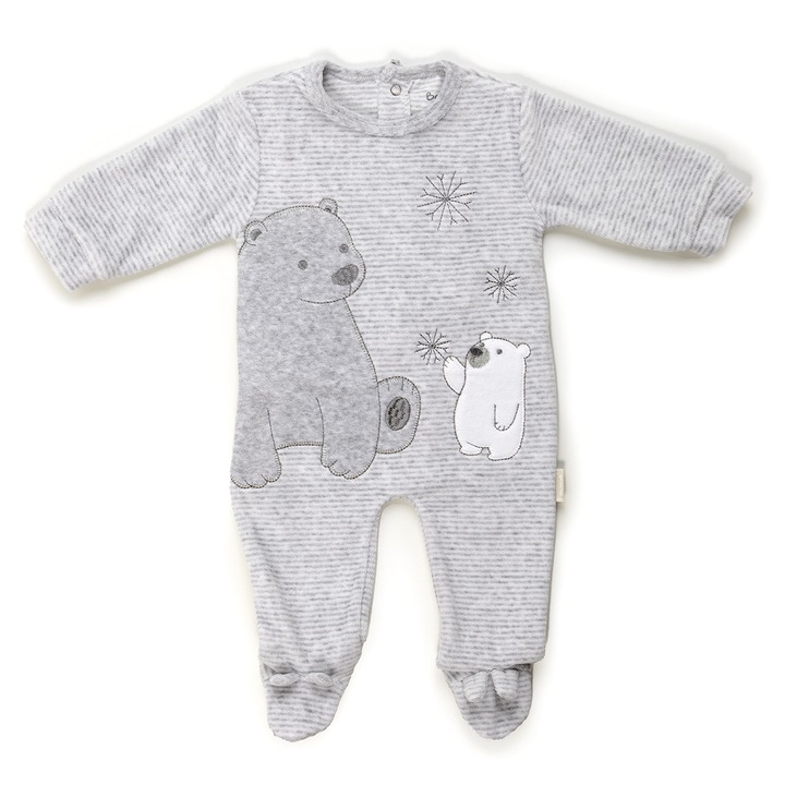 Babybol, Salopeta bebe cu botosei, catifea, broderie ursuleti, gri, 1 luna, 56 cm