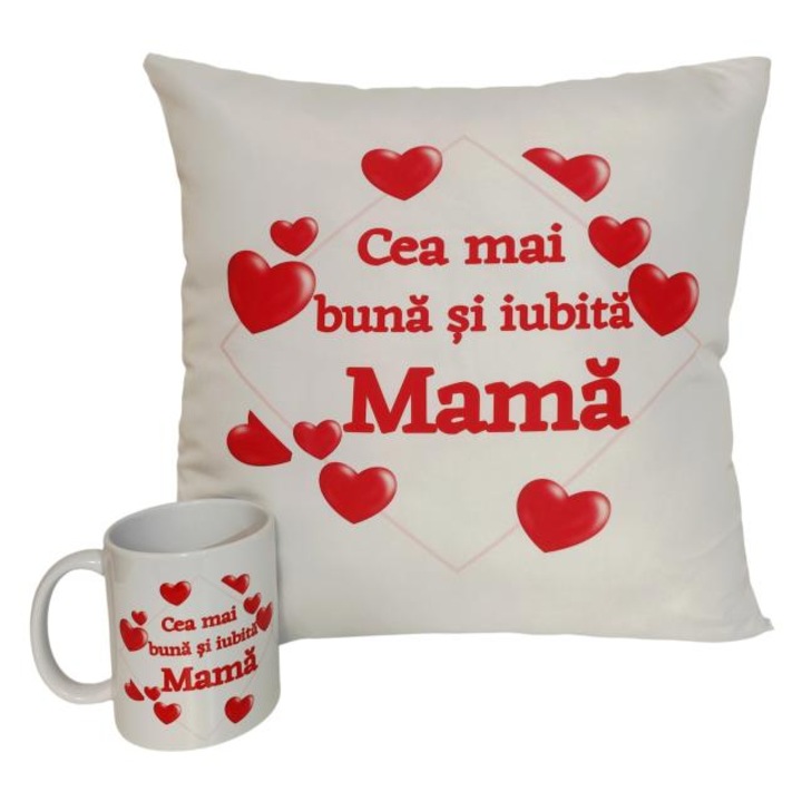 Set perna si cana personalizate ''Cea mai buna si iubita Mama'', perna 40x40 cm, cana 330 ml