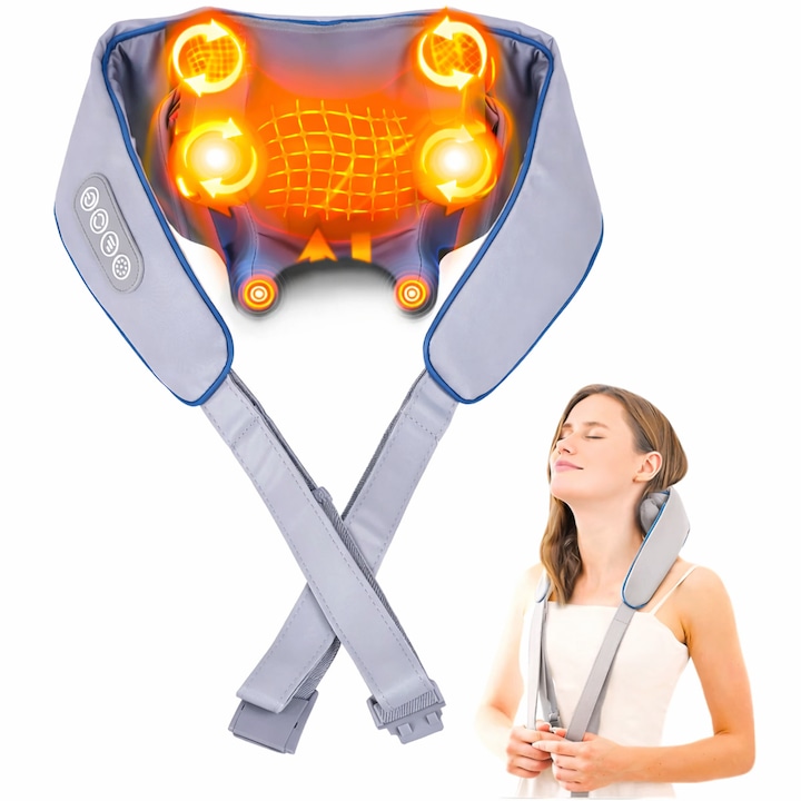 Aparat Profesional de Masaj Cervical, Masaj 4D cu Incalzire Deep Tissue pentru Durere de Gat, Umeri, Spate, Lombar, Picioare, Amelioreaza Durerea, Ofera Relaxare Musculara, Portabil, Type-C, 2000mAh, Gri