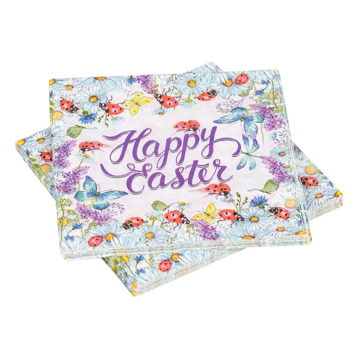 Servetele de Masa Petrecere Buburuze Flori Happy Easter 33x33cm - 20buc