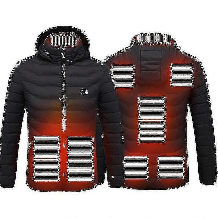 Яке с подгряване, 8 зони на подгряване, 2XL, черно, сгъваема качулка и множество джобове