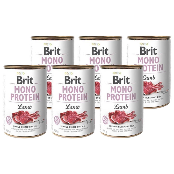Brit Mono Protein Lamb, hrană umedă pentru câini adulți, 100% carne de miel, set 6x400g