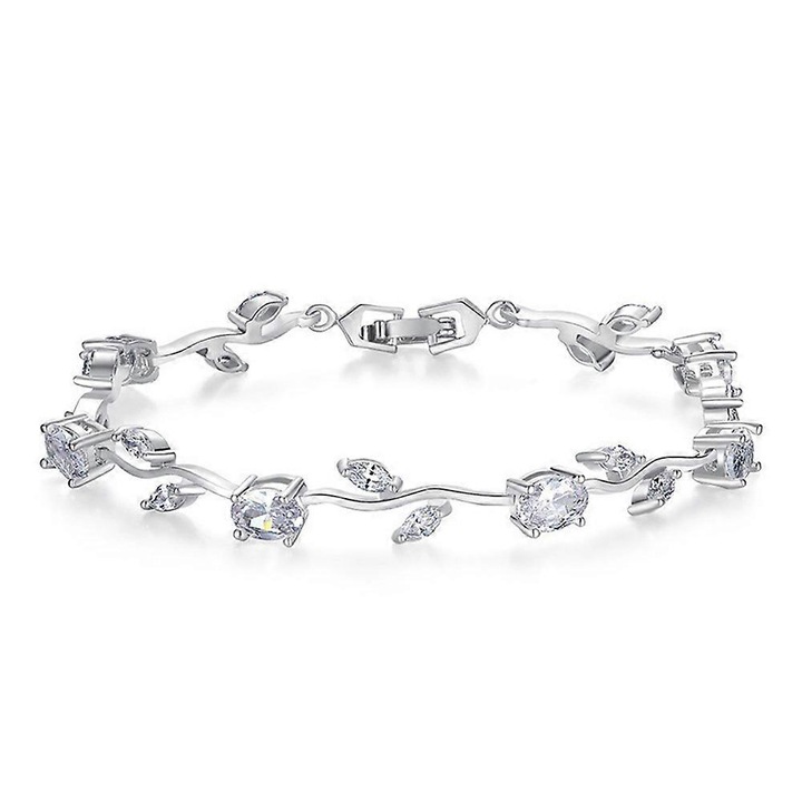 Bratara din argint 925, cristale zirconiu AAA, design frunze, 20cm