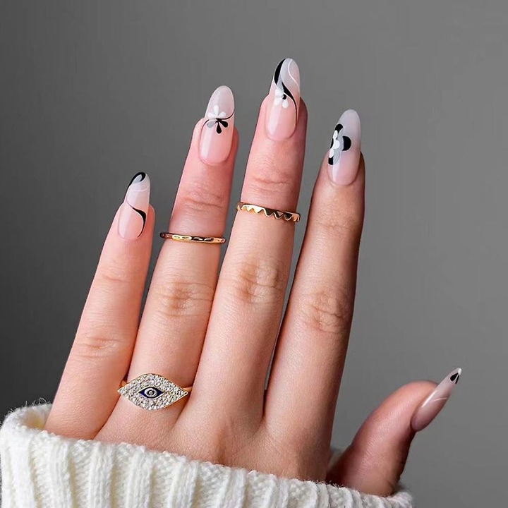 Set 24pcs unghii false negre si albe, flexibile, pentru nail art, dimensiuni variate