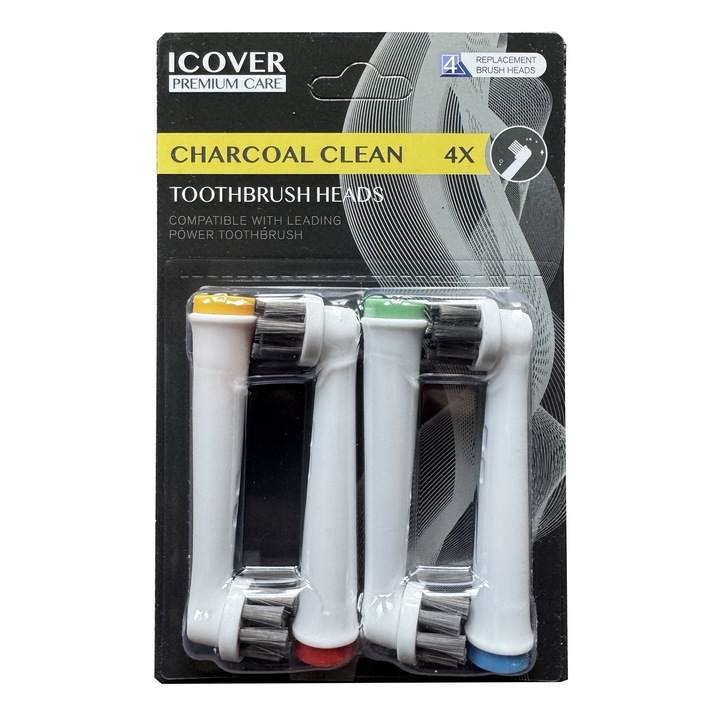 Set 4 rezerve pentru periute de dinti electrice ICOVER PREMIUM CARE compatibile cu Oral-B, Charcoal