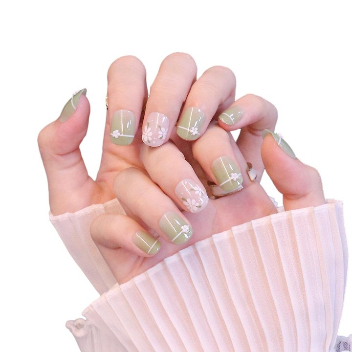 Set 24 unghii false verzi cu flori albe, pentru manichiura, dimensiuni variate