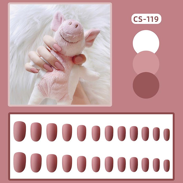 Set unghii false 24pcs, roz solid, cu lipici jelly, pentru manichiura acasa sau salon