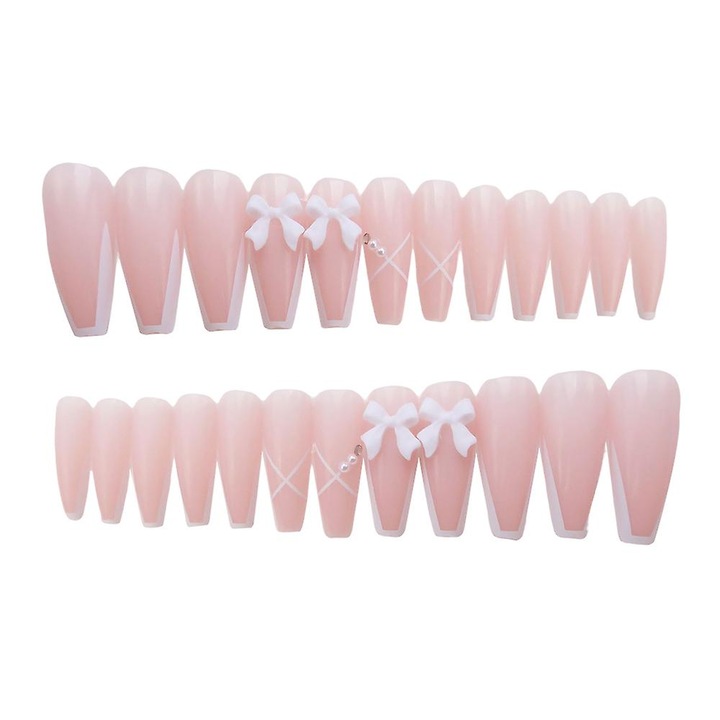 Set unghii false 24 buc, tip ballerina, roz, cu adeziv jelly