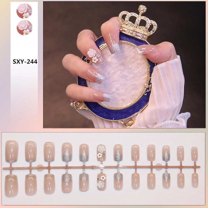 Set unghii false nude roz cu margine aurie, 24 bucati