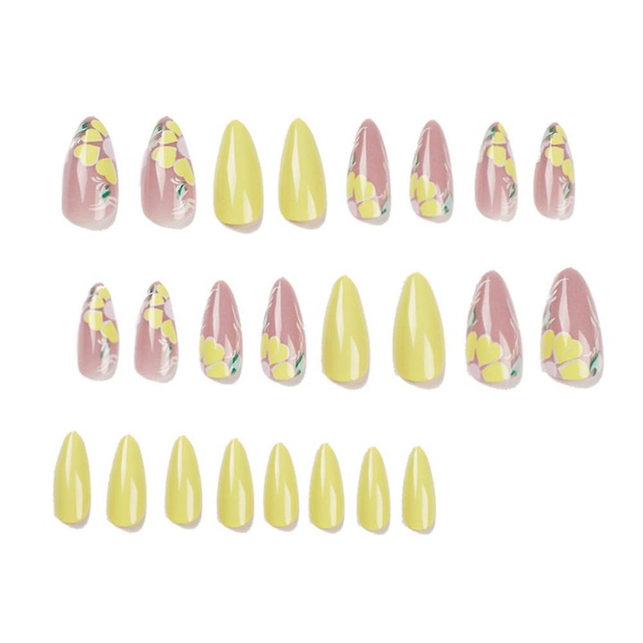 Set unghii false, galbene, 24 bucati, din rasina, pentru manichiura DIY