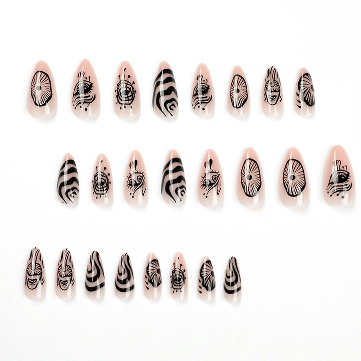 Set 24 unghii false negre cu linii ondulate