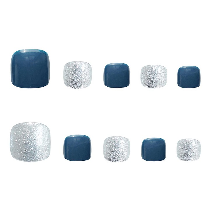 Set unghii false pentru degetele de la picioare, albastru/argintiu, 24 bucati, din rasina