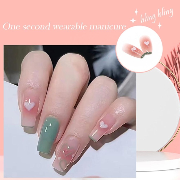 Set 24 unghii false medii, verde roz, din rasina, pentru femei