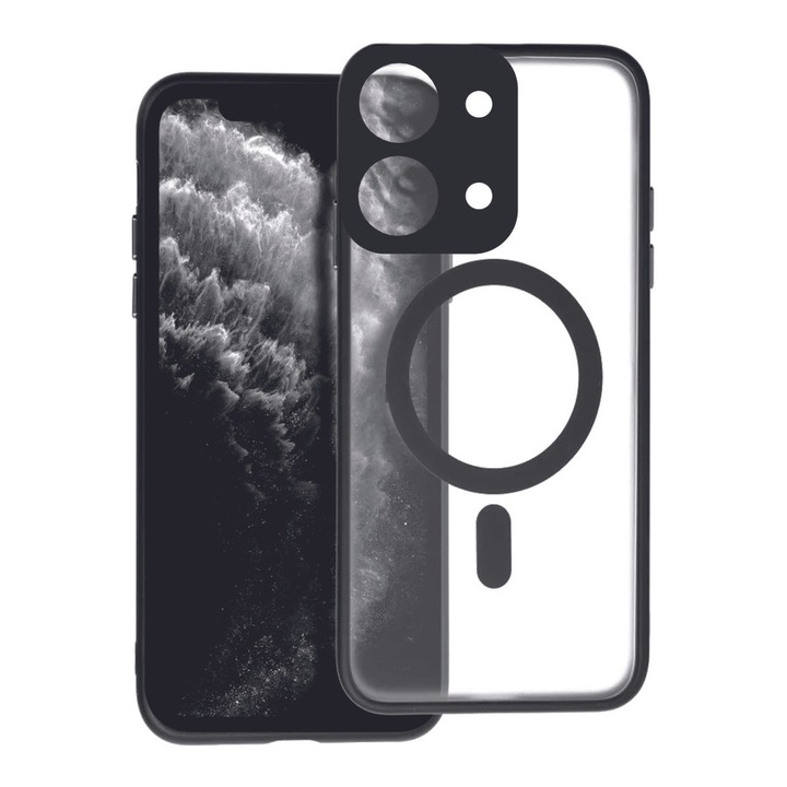 Telefontok Xiaomi Poco C85 készülékkel kompatibilis - FULL MATTE MAG COVER - MagSafe kompatibilis áttetsző/fekete hátlap tok