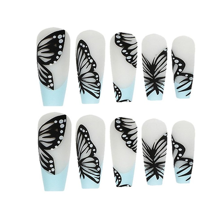 Set unghii false cu model fluture, 24 bucati, material rasina, lucioase, multicolor