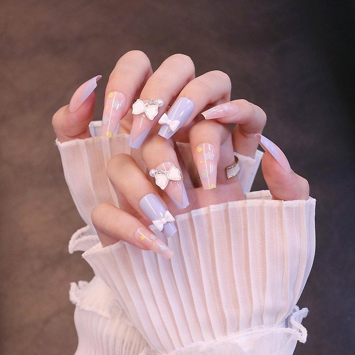 Set unghii false florale stil francez, 24pcs, usor de aplicat, multicolor