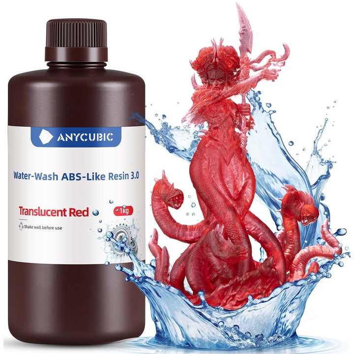 3D gyanta, Anycubic Water-Washable ABS-Like 3.0, 1 kg, áttetsző piros, 3D nyomtatóhoz