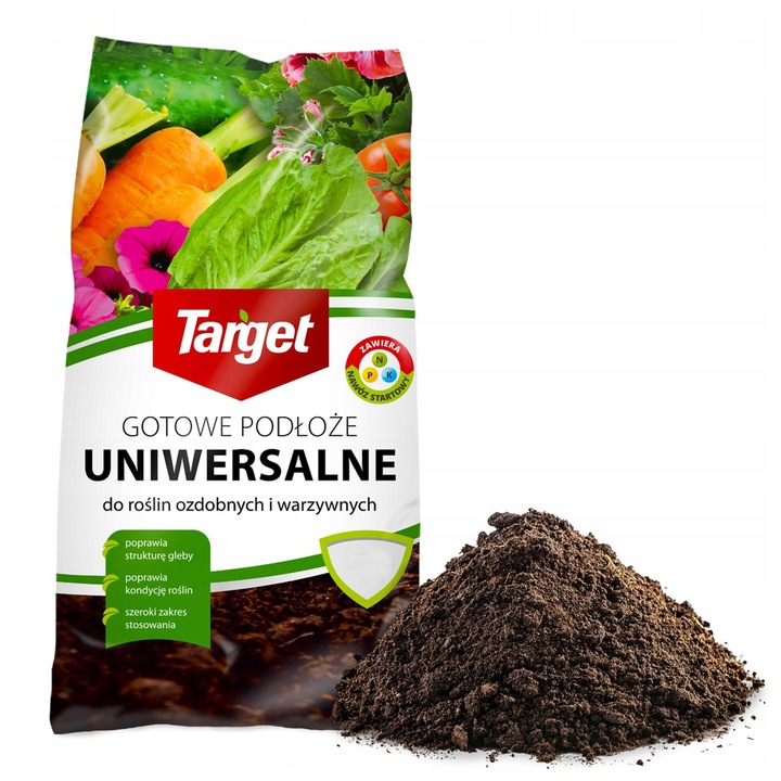 Substrat universal pentru plante decorative verzi, Target, 10L, amestec de turba nisipoasa si inalta, contine ingrasamant de pornire, mentine umiditatea, pH optim 5.5-6.5, produs ecologic pentru casa si gradina